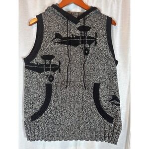 Lisa Nichols Black White Speckled Knit Sleeveless Hoodie Vest Airplane Women's L